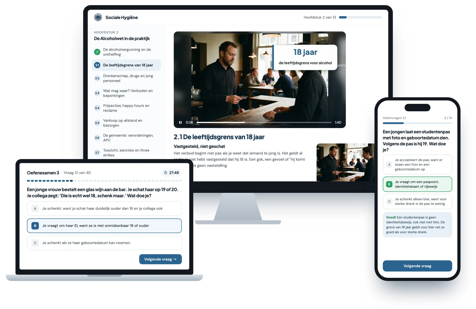 De cursus op een computer, laptop en telefoon: een les met video, tekst en foto, een oefenexamen van 40 vragen en een oefenvraag met uitleg