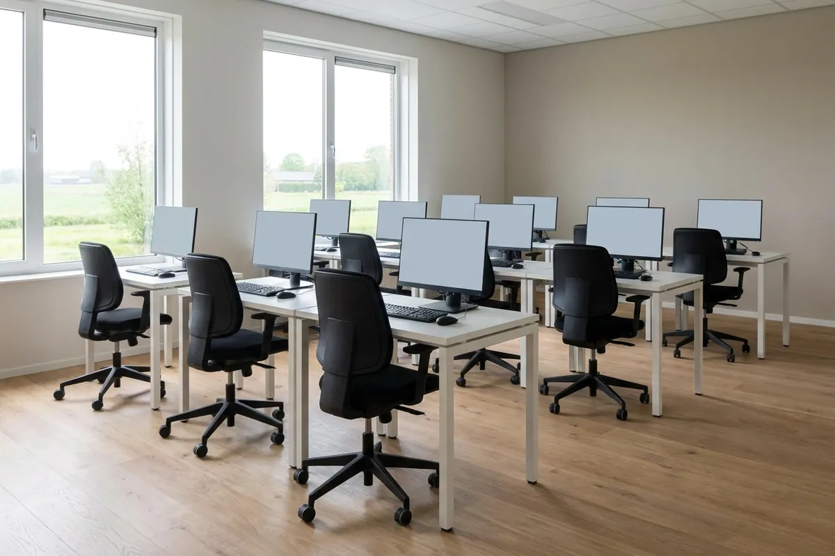 Een examenruimte met computers, zoals op een examenlocatie voor het computerexamen